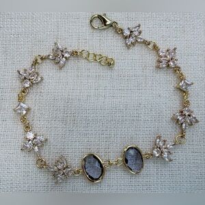 18K gold plated bracelet w CZ white flowers,lolite oval quartz charms.7.5”-8”.
